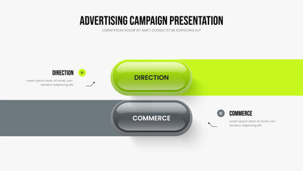 Obraz premium Business Plan Presentation Template Vector Illustration. Service Campaign Two Step Diagram Slide Design. Modern Strategy 2 Element Infographic Slideshow Layout.