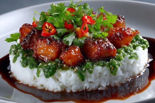 Plate of Jocon, Guatemalan green chicken stew served over white rice, garnished with green herbs, red chili peppers. Concept of vibrant, professional presentation featuring Jocon.