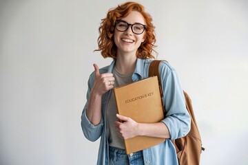Young girl student with red hair smiling confidently holding a book and giving a thumbs up in classroom