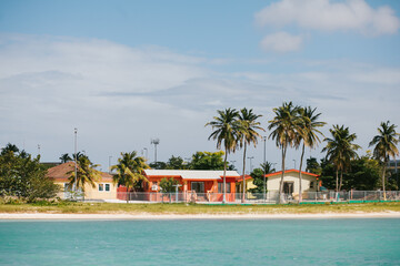 Colorful coastal houses with palm trees by the shore under a clear blue sky in daytime