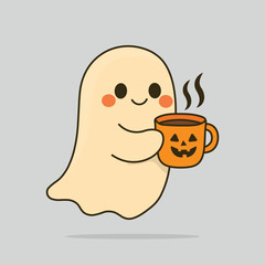 Cute Ghost Enjoying Coffee in a Pumpkin Mug for Halloween