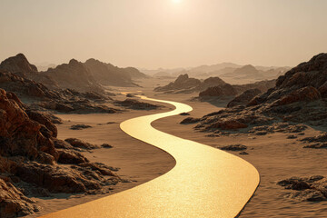 Golden Road Through Desert Symbolizing Journey To Success. Success Path