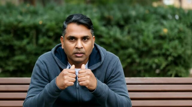 Pensive man deep in thought on park bench captures intensity and focus