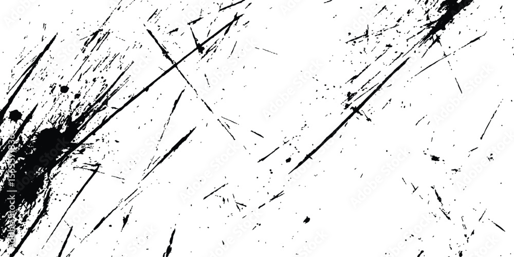 Poster A black and white background with black lines and splatters isolated on white background.
Abstract black scratch marks line on a white background. Intricate designs of lines and dots in various sizes,
