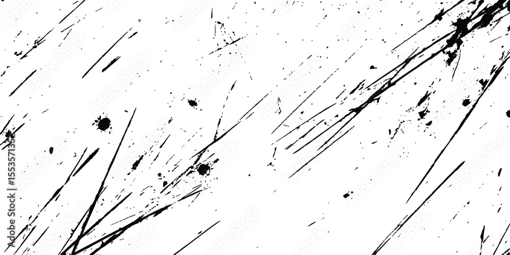 Poster A black and white background with black lines and splatters isolated on white background.
Abstract black scratch marks line on a white background. Intricate designs of lines and dots in various sizes,