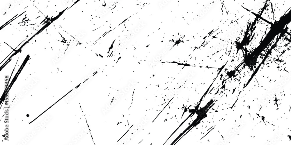Poster A black and white background with black lines and splatters isolated on white background.
Abstract black scratch marks line on a white background. Intricate designs of lines and dots in various sizes,