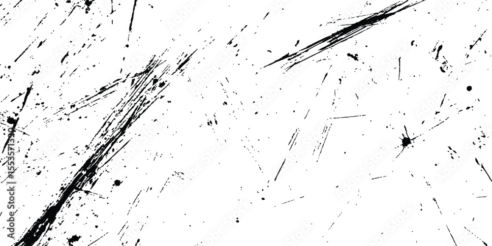Poster A black and white background with black lines and splatters isolated on white background.
Abstract black scratch marks line on a white background. Intricate designs of lines and dots in various sizes,