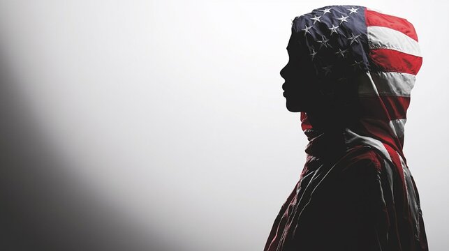 Dramatic silhouette of a hooded figure with American flag in the background expressing themes of patriotism freedom identity and social justice