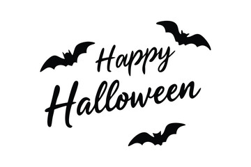happy halloween greeting with black bats and elegant script text on white background. perfect for party invitations, spooky social media posts, and festive decor. minimalist and stylish design.