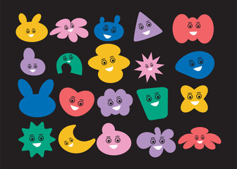  A fun collection of brightly colored cartoon shapes with cheerful smiling faces on a black background. Great for kids’ designs, educational materials, or playful branding.