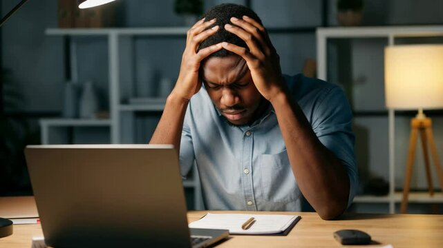 Frustrated businessman at desk facing challenges in latenight work environment
