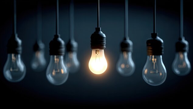 A single illuminated lightbulb among dimmed ones