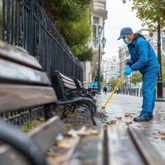 Worker cleans park benches and pavement in city during cloudy morning