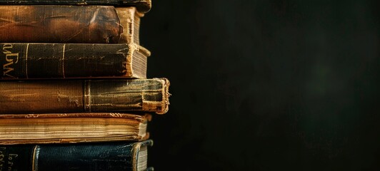 Towering stack of aged leather bound tomes on a wooden bookshelf in a dimly lit study depicting the rich history and knowledge stored within these timeless literary works