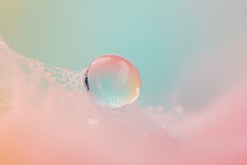A translucent water droplet rests delicately on a pastel-colored spiderweb, creating a serene and ethereal scene.