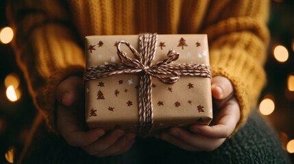 Close up of a person s hands holding a neatly wrapped present with a decorative bow and ribbon ready for a Christmas or holiday The gift is surrounded by twinkling lights creating a cozy