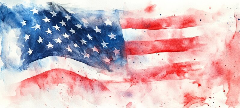 Vibrant watercolor painting of the American flag with a distressed grunge like texture and splatter effect creating an representation of the iconic national symbol of the United States of America
