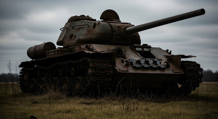 Fototapeta premium Abandoned rusty military tank in open field