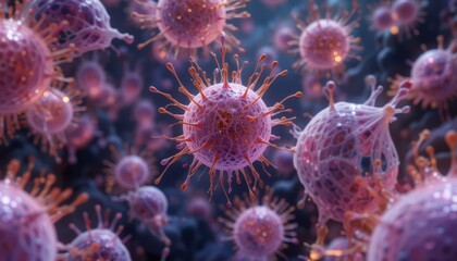 Microscopic View of Colorful Viruses Showcasing Intricate Details and Structures in a Vibrant Background