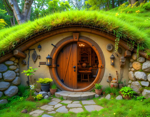 Built into the hillside, this Hobbit-inspired home features a grassy roof, a round wooden door, and a warm, inviting interior.