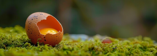 A cracked egg rests amidst a bed of verdant moss signifying the fragility and potential of new life  This natural still life captures the poetic symbolism of emergence growth