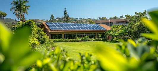 A sustainable and eco friendly greenhouse nestled within a lush vibrant tropical garden its rooftop adorned with gleaming solar panels that harness the power of the sun to generate renewable energy
