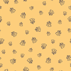 Ditsy Stylized Flowers in Dark Brown Line Art in a Non Directional Tossed Design on Yellow Ochre creating a seamless pattern print