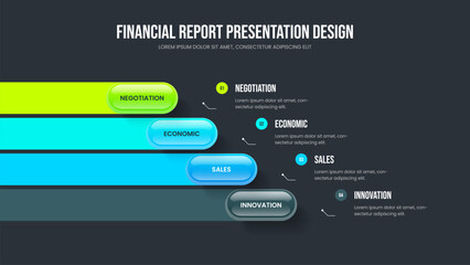 Consulting Report 4 Step Diagram Slide Template. Market Visualization Four Element Infographic Presentation Design. Service Briefing Frame Layout Vector Illustration.