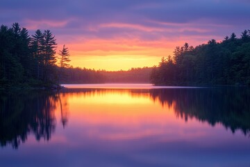 Fototapeta premium Serene lake sunset over tranquil forest