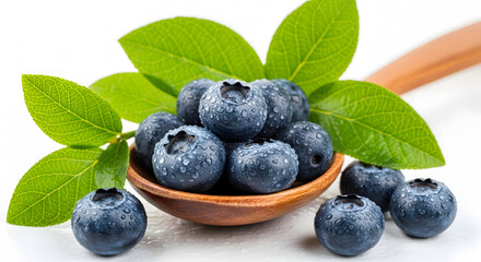 Fresh Blueberries with Raindrops and Green Leaves on Wooden Spoon for Healthy Eating and Culinary Use in Delicious Recipes