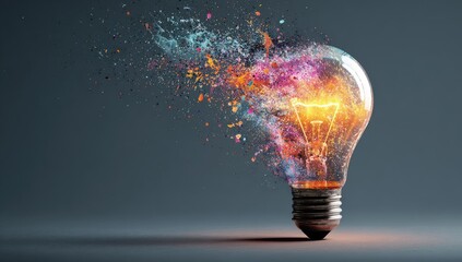 Illuminated lightbulb with vibrant bursts of color