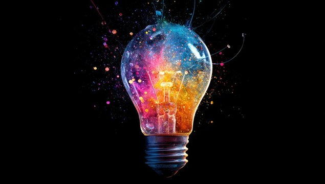 Colorful light bulb exploding with vibrant paint - Powered by Adobe