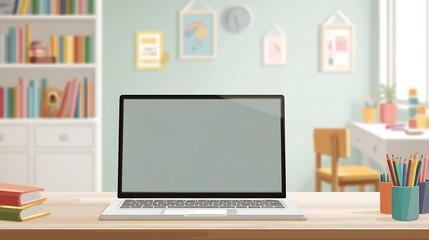 mockup,Laptop on Desk in Room with Books and Art Illustration