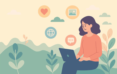 Flat Design Character Illustration of a Social Media Worker Using a Laptop Outdoors with Nature Background, Surrounded by Digital Icons in Soft Pastel Colors, Perfect for Web and Social Media Content