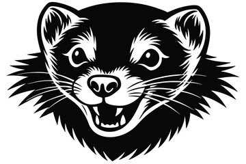 Fierce black and white honey badger shows teeth with whiskers facing the viewer