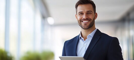 Successful Businessman Smiling Confidently with Laptop in Office  Portrait of a Smiling Corporate Executive Wearing Suit and Holding Digital Tablet in Modern Business Environment