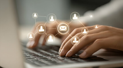 Hands Typing On Laptop Keyboard With Email Network Icon Overlay In Close Up