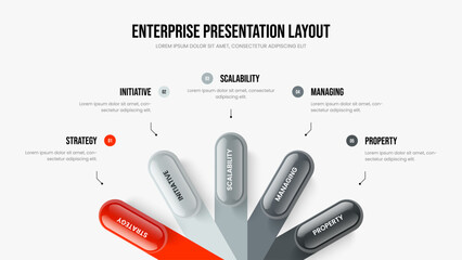 Corporate Briefing Slideshow Template Vector Illustration. Product Visualization Five Option Diagram Presentation Design. Enterprise Review 5 Element Infographic Slide Layout.