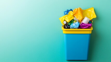 Assortment of bright yellow and blue cleaning supplies including sponges scrub brushes mops and detergent ready for household chores and keeping a tidy organized home