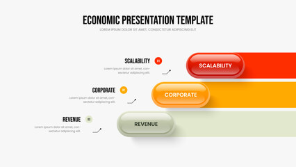 Company Showcase Slide Design Vector Illustration. Business Profile Three Element Diagram Slideshow Template. Creative Briefing 3 Step Infographic Presentation Layout.