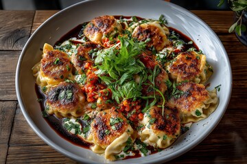 Plate of Manti, Turkish dumplings garnished with parsley, rich tomato sauce on wooden table. Concept of Manti highlights traditional flavor and presentation.