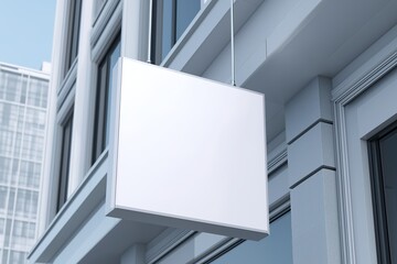 Fototapeta premium A model of square blank hanging signs on the side walls of modern buildings, with space for text and design, giving a sense of modernity, suitable as a model for advertising or brand promotion