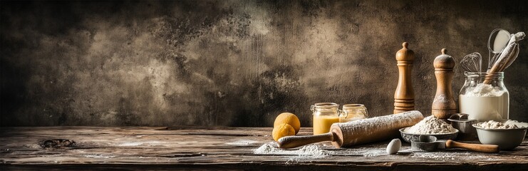 Rustic kitchen background featuring an assortment of baking ingredients and utensils on a wooden table  Includes a rolling pin spices herbs flour butter eggs