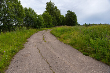 Quiet countryside path curving through vibrant greenery, bordered by tall grass