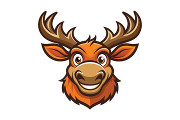 Cartoon moose character with brown antlers smiling widely at the viewer on white