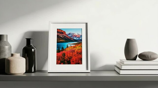 Framed landscape photograph with autumn colors on modern shelf  