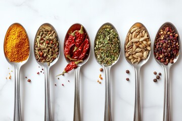 Six metal spoons filled with various spices, arranged in a row on a white marble surface