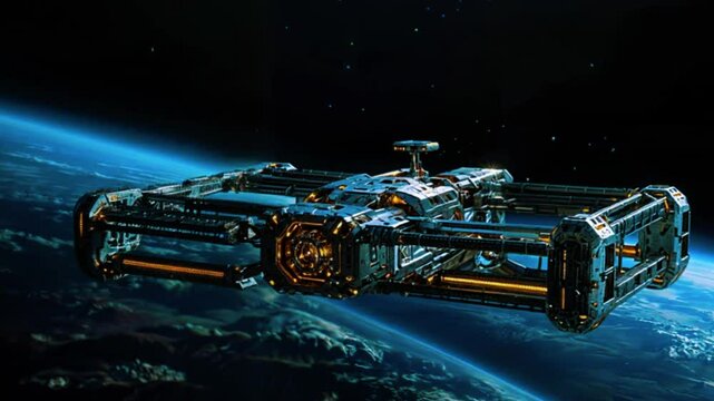 A futuristic spacecraft with a sleek, metallic design, hovering above a planet or celestial body. The spacecraft features intricate detailing and advanced technology, with a background