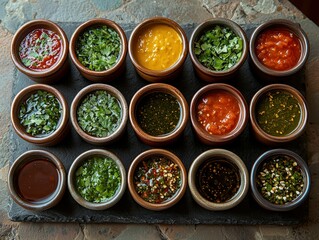Small, assorted ceramic bowls filled with various sauces, arranged in a grid pattern on a dark stone platter.  A variety of vibrant colors and textures are visible