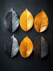 Obraz premium Six autumn leaves, two shades of color, on dark background